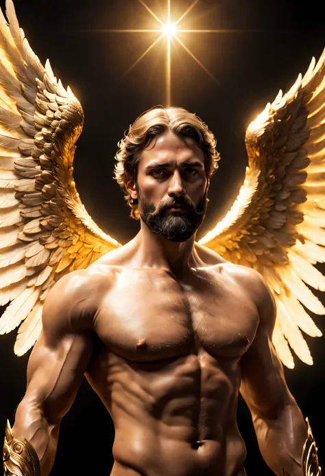 dark, (ashenhard style:1.1),, a male angel, with beams of light enveloping his body, his feathery wings are spread out, a golden halo over his head, muscular, beard, masculine, masterpiece, best quality, intricate detail, absurdres, high detail RAW color P...