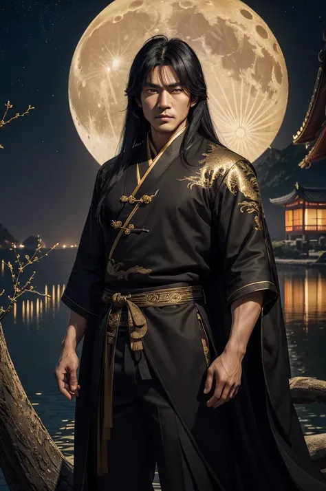 Masterpiece, best quality, outdoor, night, full moon, lakeside, branches, 1 man, mature man, Chinese style, ancient China, black hair, black eyes, forked hair, long hair, long bangs, handsome, handsome, masculine, gentle, tall, calm, black and gold mixed c...