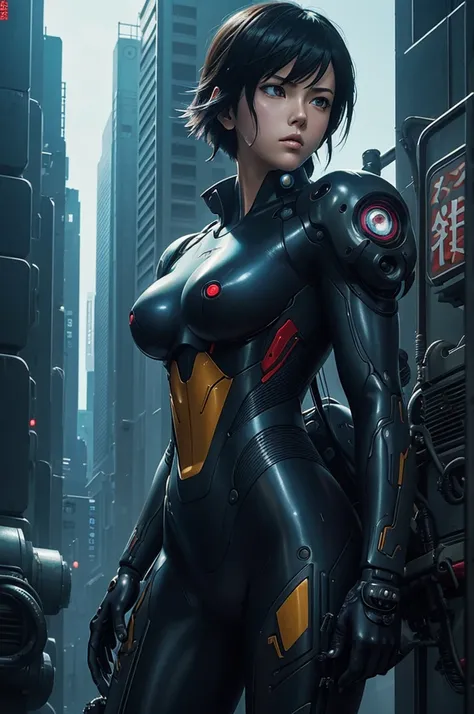 ghost in the shell in the style of 90s vintage anime, robotics, scifi, futuristic, surrealism, akira style, advance suit, detailed line art, fine details, greg rutkowski makoto shinkai kyoto animation key art feminine eye-level shot