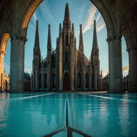 symetrical, photo-realistic high-contrast, ultra wide angle perspective distortion, surreal, high gothic cathedral style villa on tropical beach at sunset, cologne cathedral, tall twin spires, clear turquoise water, luxurious