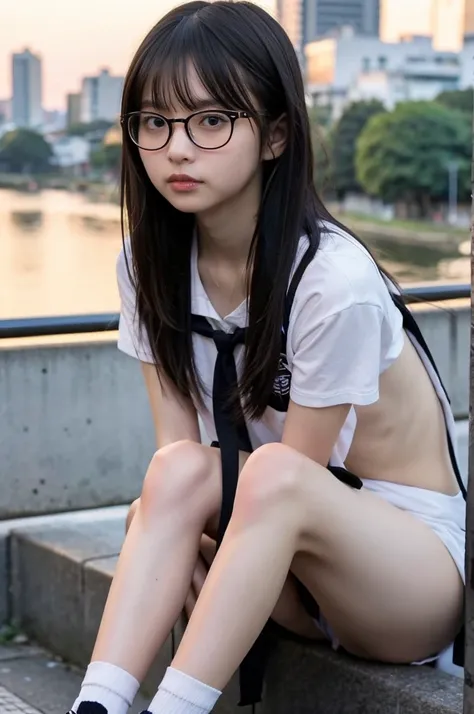 fullnude、the setting sun、Black-rimmed glasses, Black short hair, Japanese high school  girl,  Oblique eyebrows, Single eyelid , Sad face, Full body photo,Naked、fullnude、not any dressed、Reflecting the whole body、In the city of Shibuya、Wear socks、Hide with r...