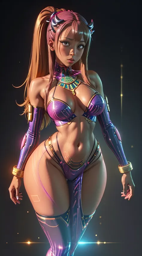 ((Best quality)), ((masterpiece)), (detailed: 1.4), 3D, cyberpunk, ultra-detailed, realistic, full shot, full body, nagatoro hayase, hairclip hair ornament, (egyptian gyaru bimbo | african bimbo gyaru, thin toned body, long legs, flat belly, thick thighs, ...