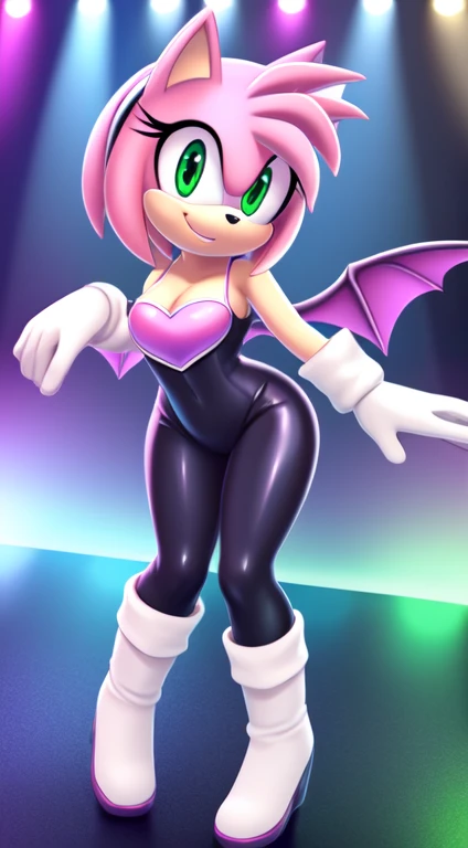 Amy Rose, Rouge the Bat Cosplay, no wings, 1 girl, solo, smile, green eyes, red hairband, bob hair, pink hair, bare shoulders, animal nose, black rubber bodysuit, black leggings, pink heart shape on chest, cleavage, long white gloves, white knee-high boots...