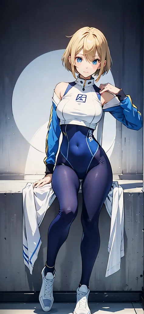 Anime character with blonde hair and blue eyes wearing a white top, asuka suit under clothes!, tracer in a skintight dress, gym, wearing leotard, full body zenkai! asuka suit, tight outfit, cute sportswear, Delicate physique, Anime Barbie in white stocking...