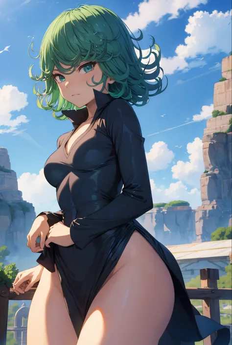 (masterpiece, best quality:1.2), cowboy shot, solo, 1girl, tatsumaki, lustful, closed mouth, looking at the viewer, ass, wide hips, black dress, blue sky, clouds, erotica