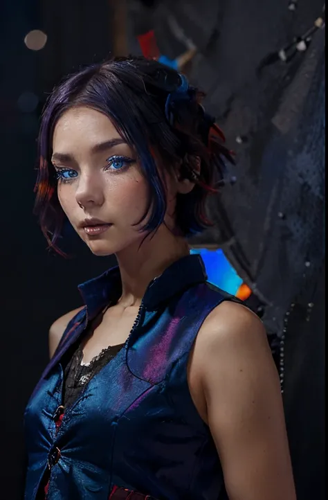((((nobackground)))),1girl, standing, shorthair, dark purple hair, (((heterochromic,red&blue))),vest, blue Clothes, renaissance clothes,