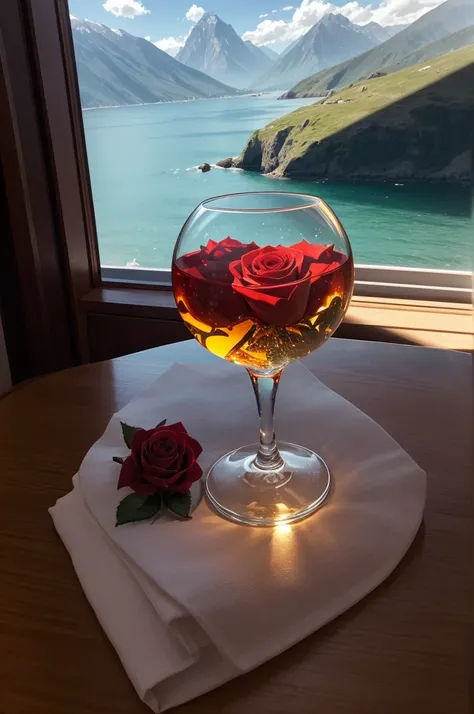 The sun in a crystal glass by the sea, against the background of the mountains, a glass of regular classical shape, opened from above, below, next to the glass, is a red rose, high-quality realistic photography