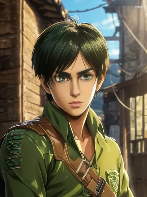 ((highest quality, masterpiece, 4k, finely detailed, detailed eyes, detailed face, intricate details, pixiv, gelbooru)), ((solo)), (((1boy, male, handsome, masculine, , (((Eren Yeager (Shingeki_No_Kyojin))), (((short, messy, dark brown hair))), (((dark gre...