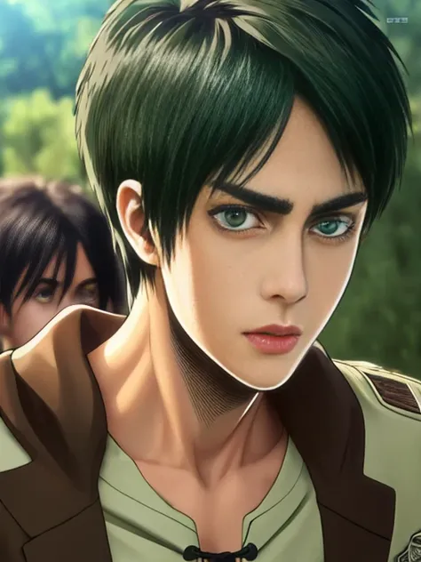 ((highest quality, masterpiece, 4k, finely detailed, detailed eyes, detailed face, intricate details, pixiv, gelbooru)), ((solo)), (((1boy, male, handsome, masculine, , (((Eren Yeager (Shingeki_No_Kyojin))), (((short, messy, dark brown hair))), (((dark gre...