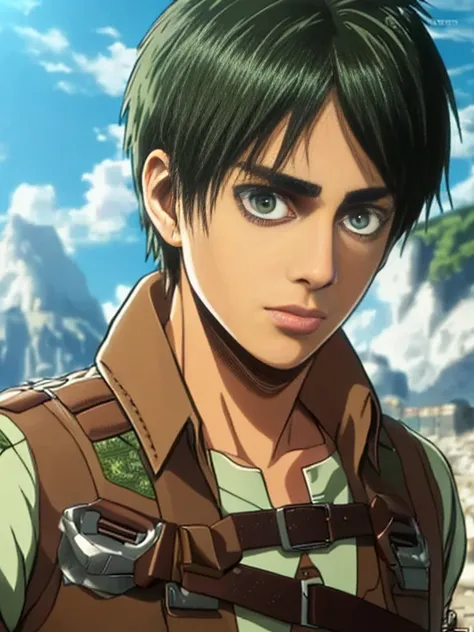 ((highest quality, masterpiece, 4k, finely detailed, detailed eyes, detailed face, intricate details, pixiv, gelbooru)), ((solo)), (((1boy, male, handsome, masculine, , (((Eren Yeager (Shingeki_No_Kyojin))), (((short, messy, dark brown hair))), (((dark gre...