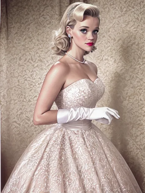 1950s style, Stunningly beautiful young blonde Reese Witherspoon wearing her debutante ballgown, long white gloves, and pearls