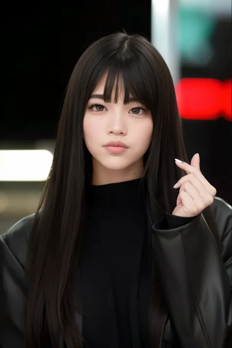 Un primer plano de una mujer con el pelo largo y una chaqueta negra, Ella tiene el pelo negro con flequillo, Lalisa Manobal, Cabello largo y negro con flequillo, Lalisa Manoban de Blackpink, Cabello largo y oscuro con flequillo, Bae Suzy, Cabello largo con...