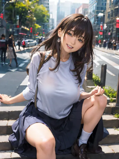 (anime background), a women, ((clothing that emphasizes the shape of boobs)), (blush), open legs, raise leg, open mouth, (detail panties are visible), long skirt, (climbing and straddling to push her moist crotch on the stair), ((ecstasy face)), slut, ((ma...