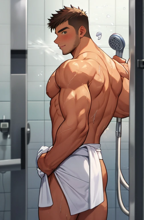 sketch, 20 yo male figure study, young muscle-bound jock, standing, full stocky body, completely naked, totally , no clothes, sans clothing, au natural, covering crotch with a white towel, bare butt, crowded gym shower with spraying showers and showering m...