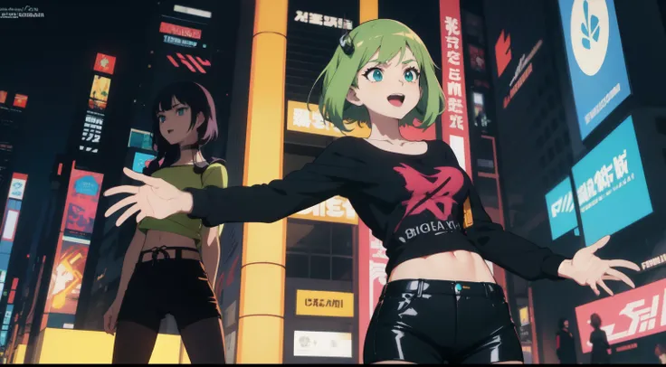 uma mulher com olhos verdes e blusa preta em frente a um sinal verde noturno, Garota de Anime Cyberpunk com fone de ouvido gamer, Anime girl dancing excitedly, arte cyberpunk anime, arte digital do Anime 2D Cyberpunk, Aura verde, cyberpunk digital - arte d...