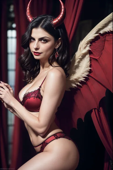 Masterpiece, a beautiful succubus demon, (Morena Baccarin), devil horns and wings, wicked smile, dark red lingerie and stockingiery eyes:1.3), satanic castle background, (UHD, 8K wallpaper, High resolution), Cinematic lighting, award-winning, extremely det...