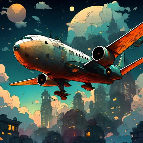 A Boeing plane flies over a city at night, Highly detailed digital artwork, stunning art style, very detailed illustration, Digital illustration style, 4k highly detailed digital art, A beautiful artistic illustration, High detail digital art, highly detai...