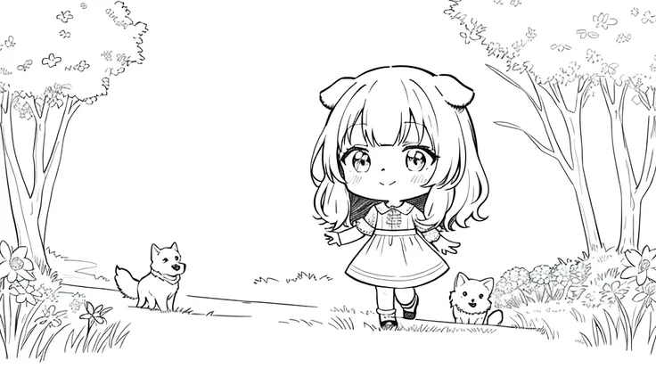 ​masterpiece、dog walking、cute girl with dog１a person、cute clothes、a smile、chibi chara、full body esbian、the pose、monochromes、line...