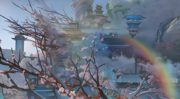 There  a rainbow in the sky，There  also a rainbow above a building, onmyoji detailed art, onmyoji, with bloom ethereal effects, japonisme 3d 8k super detailed, surreal waiizi flowers, Cherry Blossom Season Dynamic Lighting, heise jinyao, cherry blossom for...