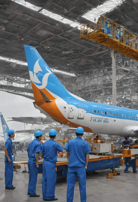 Boeing 737 aircraft maintenance site, Xiamen Airlines, A group of maintenance workers wearing blue overalls，hyper realisitc, artistic décor, 电影灯光, Outer border, fading border, hyper HD