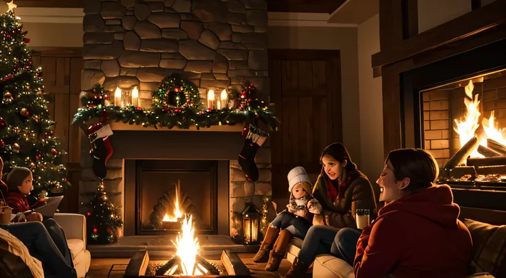 As evening approaches, Emily and her family gathered around the fireplace, Drinking hot cocoa，Share stories. The warmth of the fire and the love of family create a cozy atmosphere,  It was the perfect end to a day filled with Christmas wonders, back of dis...