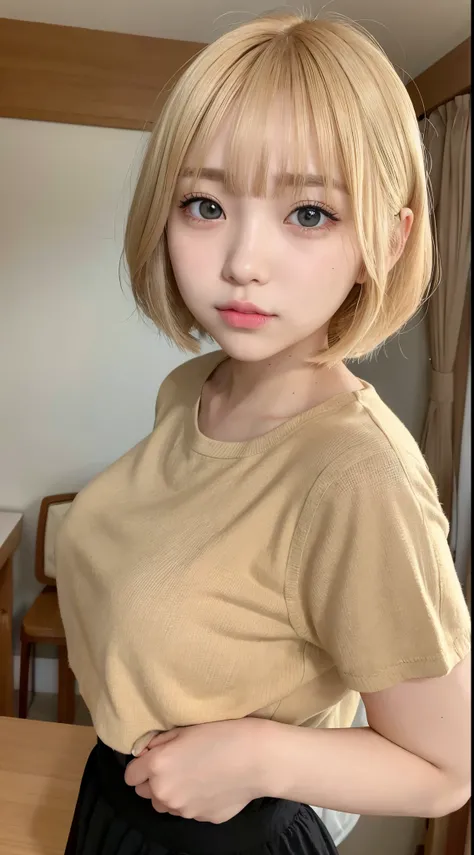 kawaii girl、golden bob cut hair、Big golden eyes、