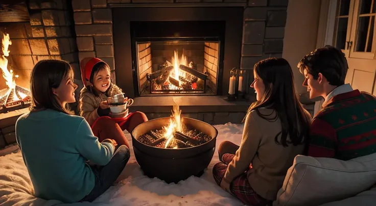 As evening approaches, Emily and her family gathered around the fireplace, Drinking hot cocoa，Share stories. The warmth of the fire and the love of family create a cozy atmosphere,  It was the perfect end to a day filled with Christmas wonders, back of dis...