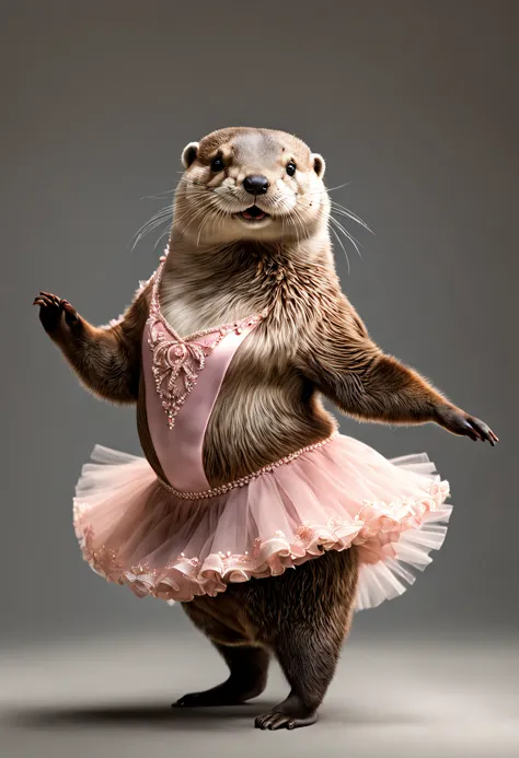 photorealistic portrait of Dressed animals - a fat otter ballet dancer,( ballet action posing), fluffy body, high quality,(lovely) ,intricate details, highly detailed ballet costume ,tutu, (happy), studio lighting,(full body image:1.5)