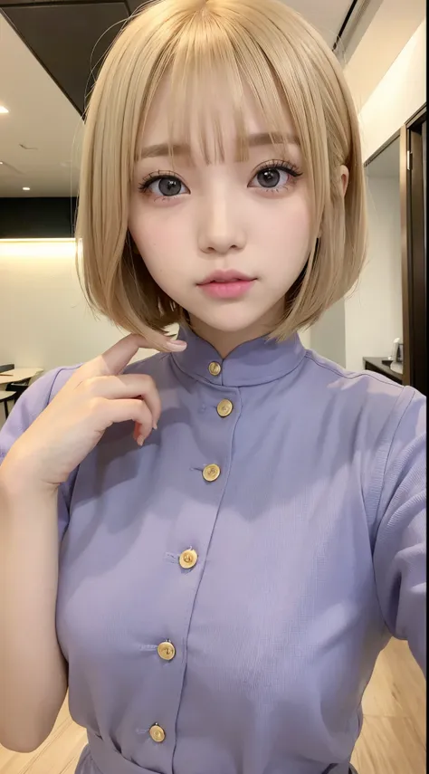 kawaii girl、golden bob cut hair、big purple eyes、