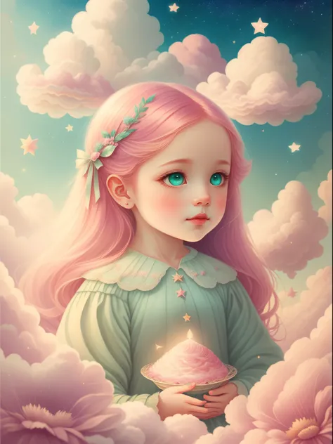 (Best quality at best,4K,8K,A high resolution,tmasterpiece:1.2),ultra - detailed,(actual,realistically,realistically:1.37),Dreamy sky,Soft clouds,As estrelas,little girl surrounded by clouds,Long flowing pink hair,pale green eyes,gossamer,Fairy tale illust...