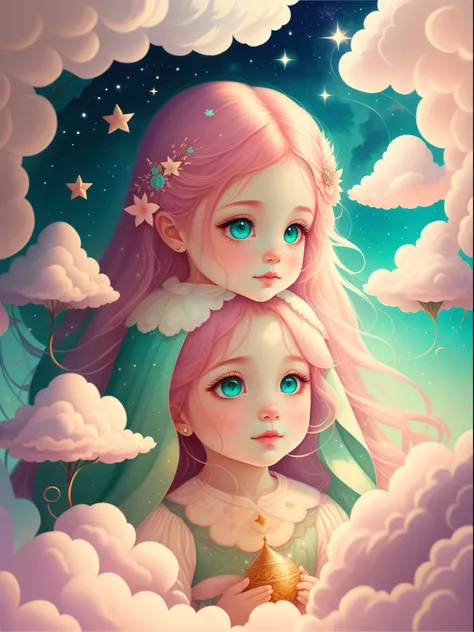 (Best quality at best,4K,8K,A high resolution,tmasterpiece:1.2),ultra - detailed,(actual,realistically,realistically:1.37),Dreamy sky,Soft clouds,As estrelas,little girl surrounded by clouds,Long flowing pink hair,pale green eyes,gossamer,Fairy tale illust...