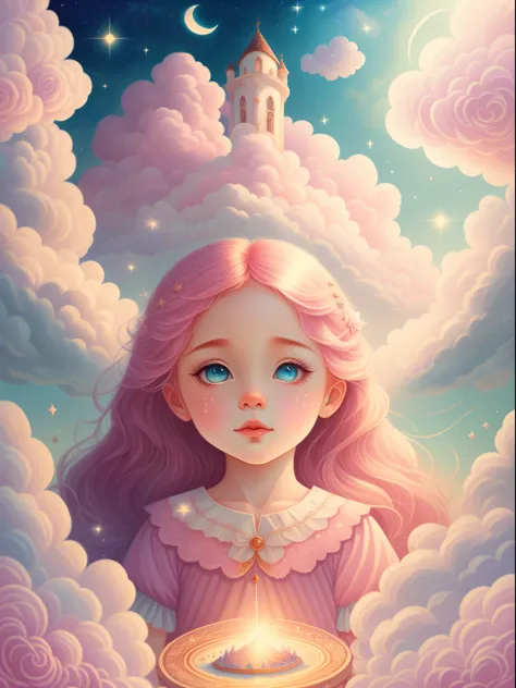 (Best quality,4K,8K,A high resolution,tmasterpiece:1.2),ultra - detailed,(actual,realistically,realistically:1.37),Dreamy sky,Soft clouds,As estrelas,little girl surrounded by clouds,look up to，Head up，Long flowing pink hair,gossamer,Fairy tale illustratio...