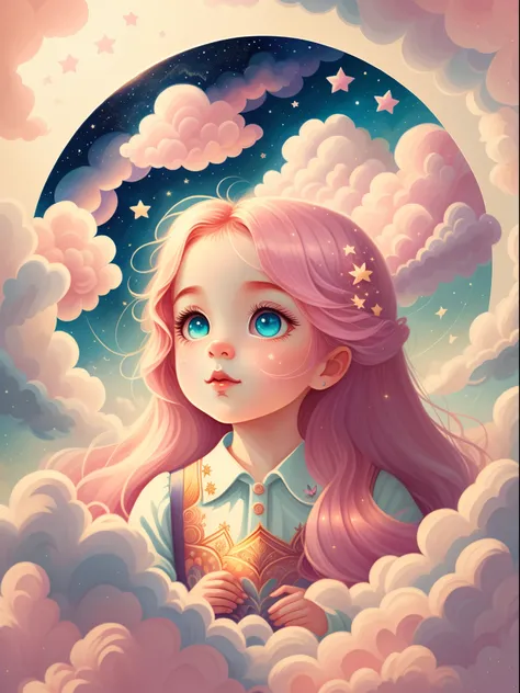 (Best quality at best,4K,8K,A high resolution,tmasterpiece:1.2),ultra - detailed,(actual,realistically,realistically:1.37),Dreamy sky,Soft clouds,As estrelas,little girl surrounded by clouds,look up to，raised head，Long flowing pink hair,gossamer,Fairy tale...