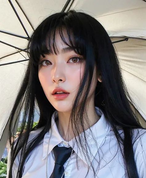 there is a woman with long black hair and a tie holding an umbrella, Ela tem cabelo preto com franja, Ulzzang, cruel korean goth girl, cabelo preto longo com franja, Lalisa Manobal, menina coreana, cabelo preto e franja branca, Franja reta longa, com franj...