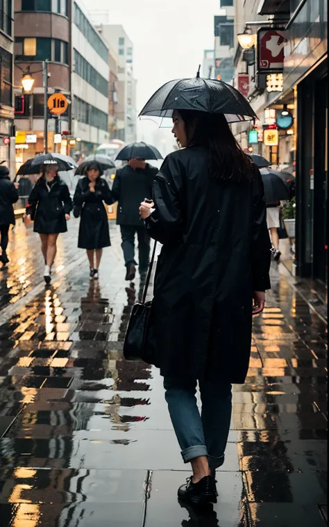 In the city，People walking in the rain holding umbrellas, person with umbrella, in rainy conditions, in the rain, standing in the rain, holding a umbrella, Holding an umbrella, very heavy rain, Holding an umbrella,