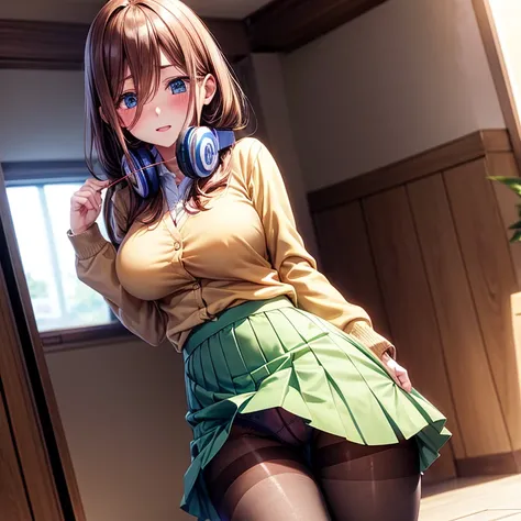 Brown-haired schoolgirl、Green skirt、light blue cardigan、Semi-long hair、Blue headphones、Black pantyhose、Brown loafers、red blush、no panties,pussy juice,(Camel hoof)、(Sheer pantyhose)、(Sheer)