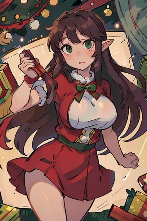 masterpiece, best quality, 1 solo girl, dark brown hair, emerald green eyes, elf ears, very long hair, very wavy hair, Christmas ornaments, very big breasts, mature body and face, red santa dress, christmas, christmas light, christmas tree, red gloves, red...