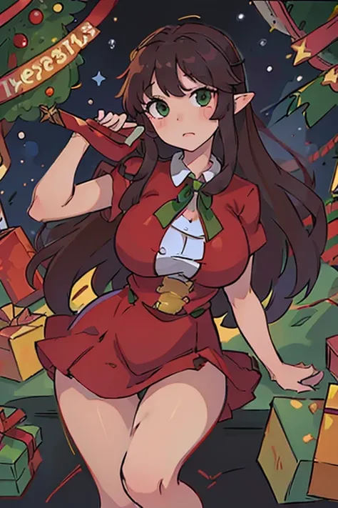 masterpiece, best quality, 1 solo girl, dark brown hair, emerald green eyes, elf ears, very long hair, very wavy hair, Christmas ornaments, very big breasts, mature body and face, red santa dress, christmas, christmas light, christmas tree, red gloves, red...