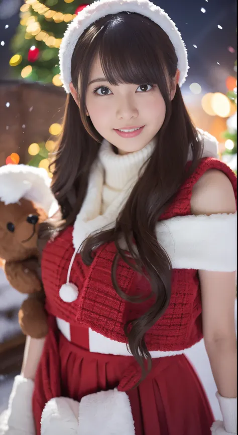 (Best Quality,4K,hight resolution,masutepiece:1.2),Realistic,Christmas,girl (21 years old),Hugging a big teddy bear,stuffed animal,Wear warm clothes,Snow falling in the background,Winter wonderland,Joyful expression,Magical atmosphere,Soft lighting,Vivid c...