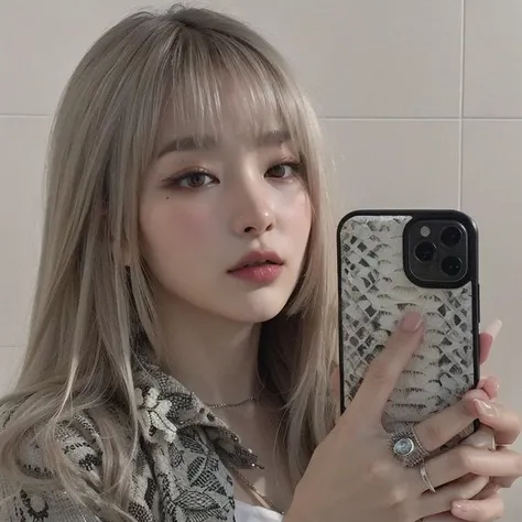 Menina Araffe com longos cabelos loiros segurando um telefone celular, Lalisa Manobal, Lalisa Manoban do Blackpink, Parque Roseanne do Blackpink, longos cabelos brancos e franja, jossi do blackpink, com franja completa, cabelos longos com franja, com franj...