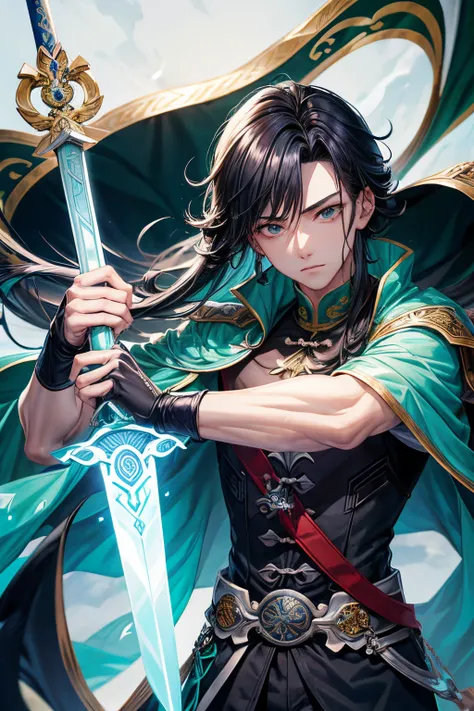 Um protagonista de um webnovel Xuanhuan, Homem de 18 anos, usa um manto verde mar, longos cabelos pretos chegando aos ombros, olhos negros, cara bonita, holds a silver sword in his right hand, Xuanhuan, anime.