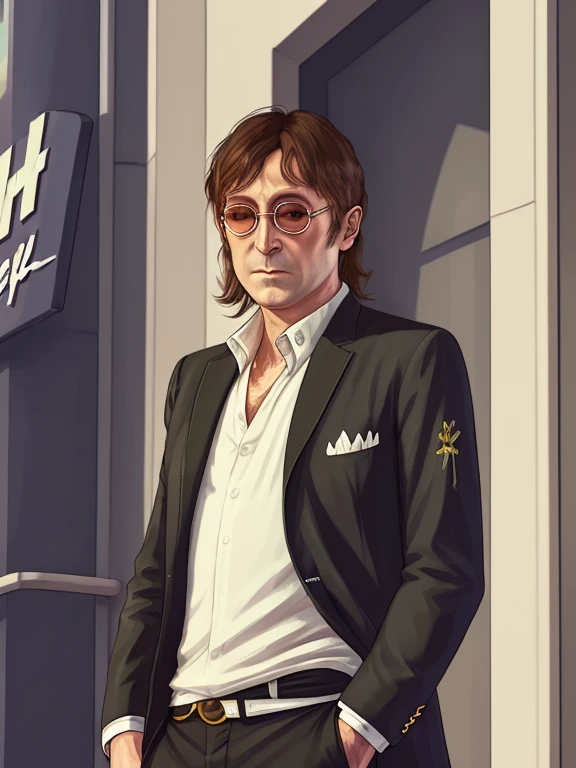 best quality, artwork-gta5 heavily cartoonish stylized portrait, (hyperdetail:1.15), (soft light, sharpness:1.2), action pose, action shot, , (John Lennon:1.4) in black suit, near bank entrance, gtaV, gta5