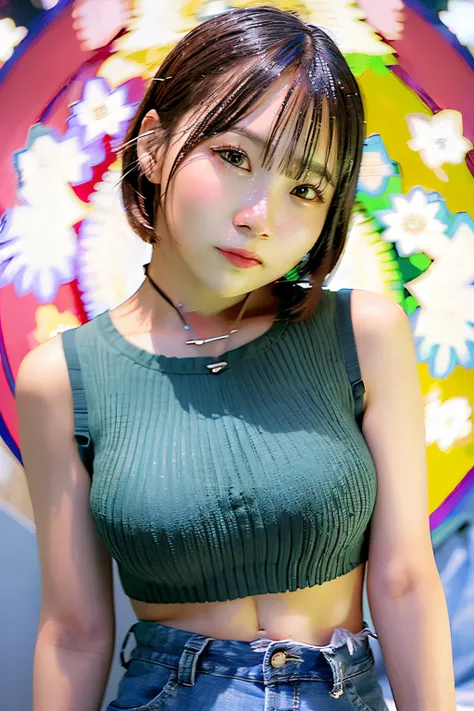 (masutepiece:1.2), (Best Quality:1.2), (Extremely detailed:1.2), (extra detailed face), (Photorealistic:1.2), (ultra-detailliert), 1girl in, Upshirt close-up, underboob, loose rainbow shirt, Short Blue Jeans, (Sexy panty straps:0.5),slim and petite body, m...