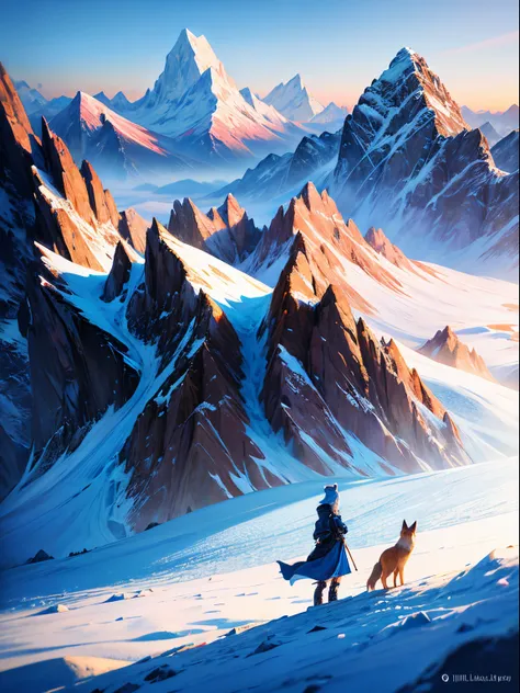 A girl and a fox walking in the snow with a mountain in the background, 4k highly detailed digital art, epic mountains, inspired by Christopher Balaskas, 8k stunning artwork, 8k high quality detailed art, icy mountains, stunning digital illustration, jessi...