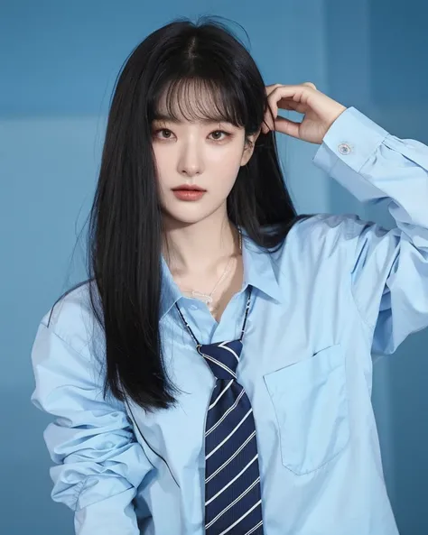 mulher arafa de camisa azul e gravata posando para uma foto, Ela tem cabelo preto com franja, Ulzzang, cabelo arrumado com franja, cabelo comprido com franja completa, branco hime corte penteado, cabelos longos com franja, com franja, com franja completa, ...