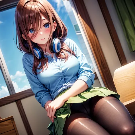 Brown-haired schoolgirl、Green skirt、light blue cardigan、Semi-long hair、Blue headphones、Black pantyhose、Brown loafers、red blush、home