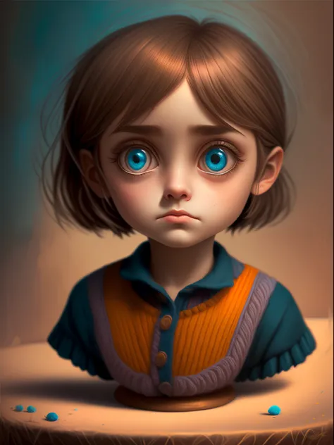 (Best quality at best,4K,A high resolution,tmasterpiece:1.2),ultra - detailed,(actual,realistically,realistically:1.37),middling:pixar-style, Melancholic, Neil, twisted, crawling, (big eyes bust)), Salvador Dal&#39;The painting has a Tim Burton-esque feel ...