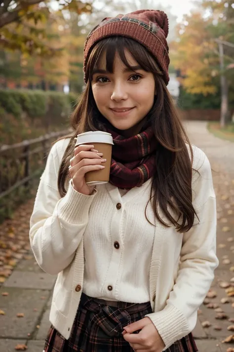 1girl, autumn leaves, bangs, black headwear, blurry background, blush, brown eyes, brown hair, brown scarf, brown skirt, cardigan, coffee, cowboy shot, cup, disposable cup, drink, falling leaves, beanie, holding, holding drink, leaf, long hair, long sleeve...