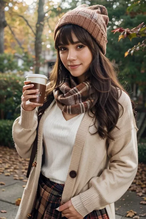 1girl, autumn leaves, bangs, black headwear, blurry background, blush, brown eyes, brown hair, brown scarf, brown skirt, cardigan, coffee, cowboy shot, cup, disposable cup, drink, falling leaves, beanie, holding, holding drink, leaf, long hair, long sleeve...