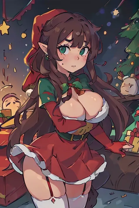 masterpiece, best quality, 1 solo girl, dark brown hair, emerald green eyes, elf ears, very long hair, very wavy hair, Christmas ornaments, very big breasts, mature body and face, red santa dress, christmas, christmas light, christmas tree, red gloves, red...